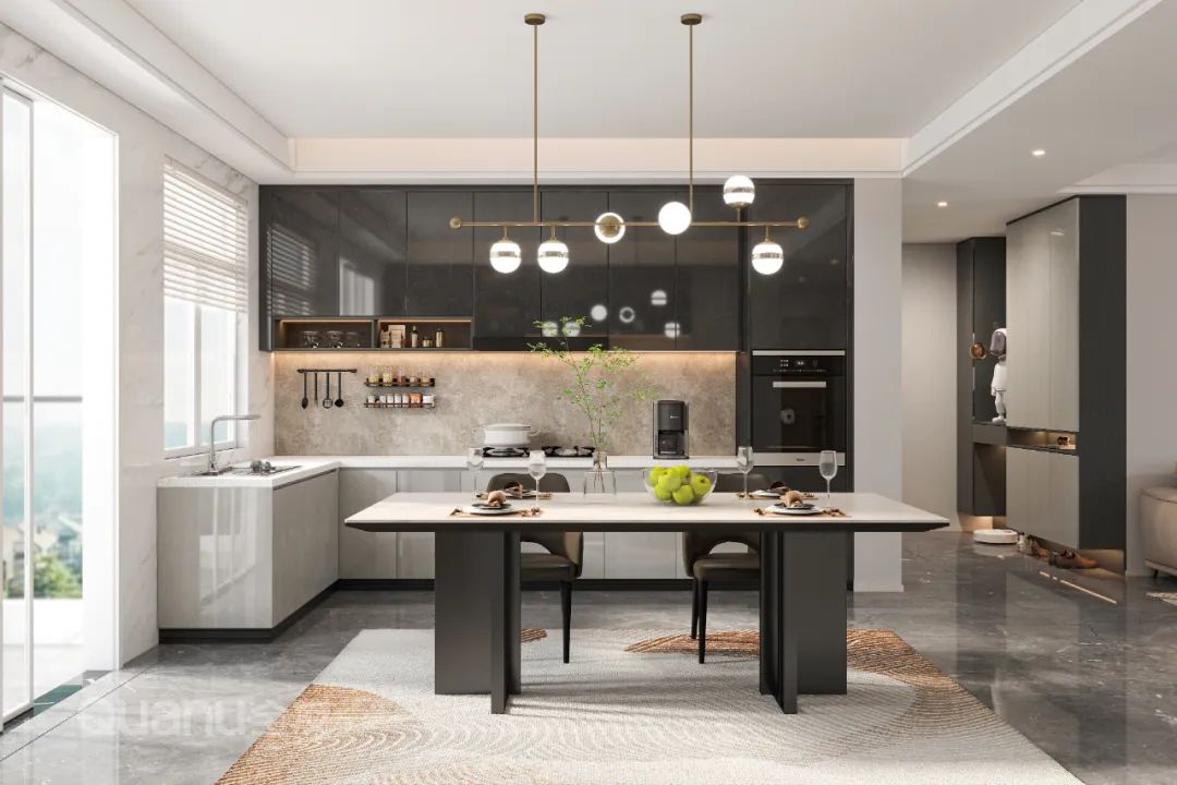 Căn hộ 98㎡ thiết kế 2 phòng ngủ theo phong cách Ý, khu bếp mở nối liền với phòng khách.